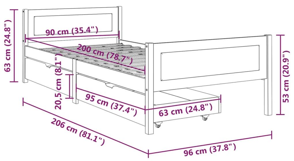 Cadru pat cu 2 sertare, gri inchis, 90x200 cm, lemn masiv pin Morke gra, 90 x 200 cm, 2 Sertare