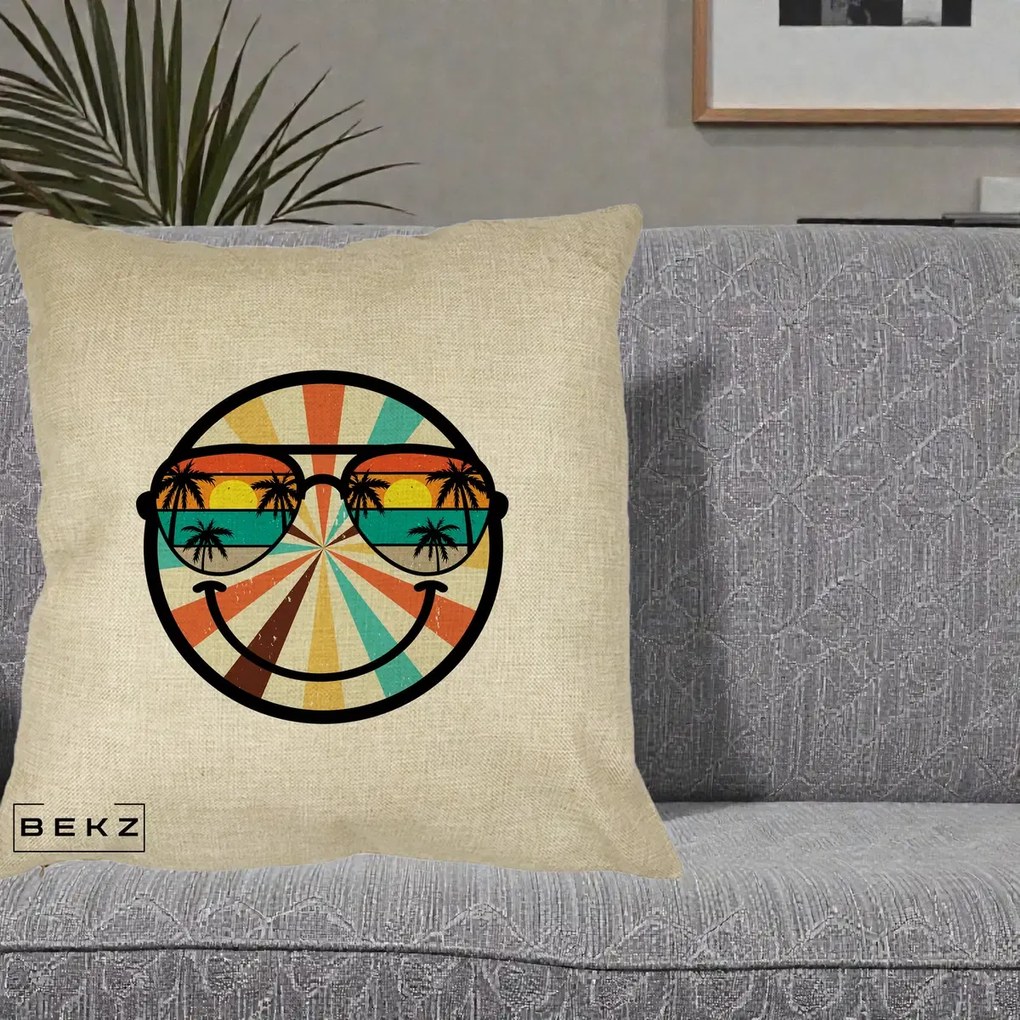 Perna Decorativa Smiley Face Retro Sunset Palmieri, 40x40 cm, Crem, Husa Detasabila, Perna Inclusa, BEKZ®