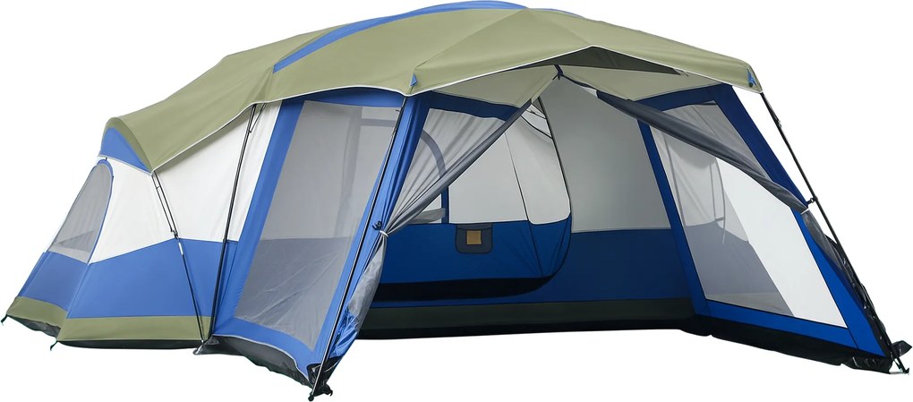 Outsunny Cort camping 6-8 persoane Cort familial cu vestibul 2 ferestre Cort cupolă piele ecologică3000mm pentru trekking festival fibră de sticlă Albastru 518 x 487 x 237 cm | Aosom Romania