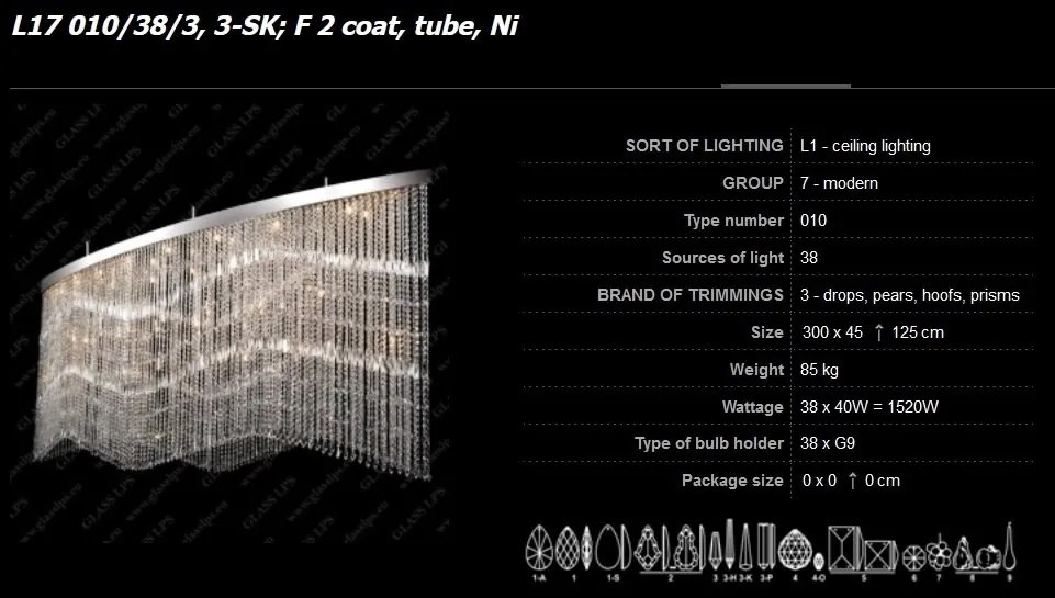 Lustra moderna cristal Bohemia, L-300cm L17 010/38/3, 3-SK, F 2 coat, tube