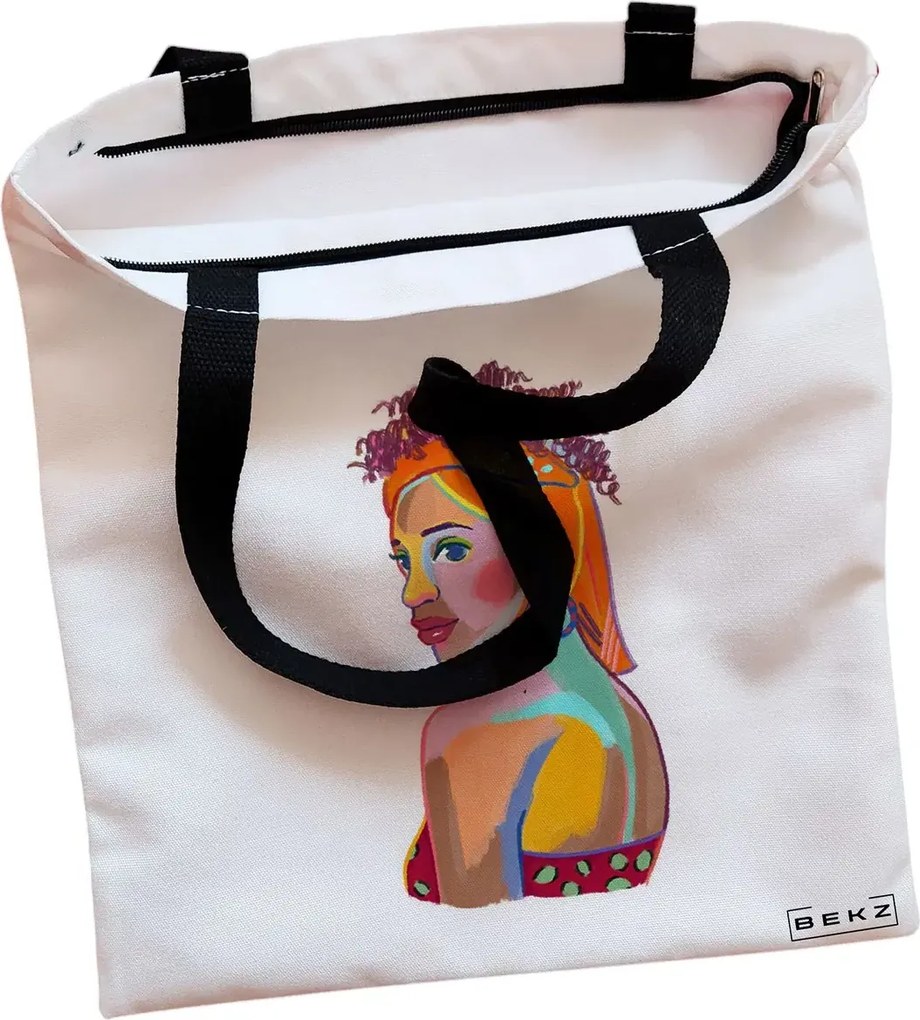 Sacosa de Panza pentru Cumparaturi, Geanta Tote, model Portret Vibrant 3, Cu fermoar, 38x34.5 cm, Alba, BEKZ®