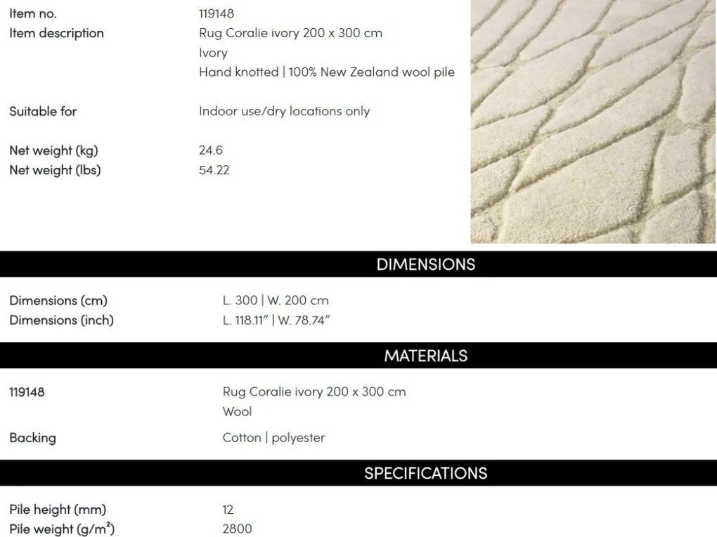 Covor design LUX din lana din Noua Zeelanda, Coralie Ivory 200x300cm