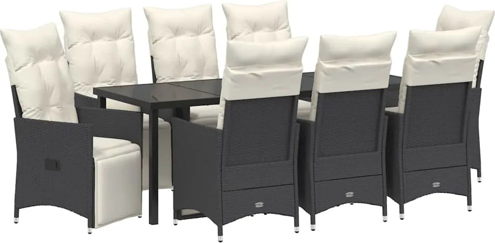 vidaXL Set de masă pentru grădină cu pernă 9 pcs Negru poliratan
