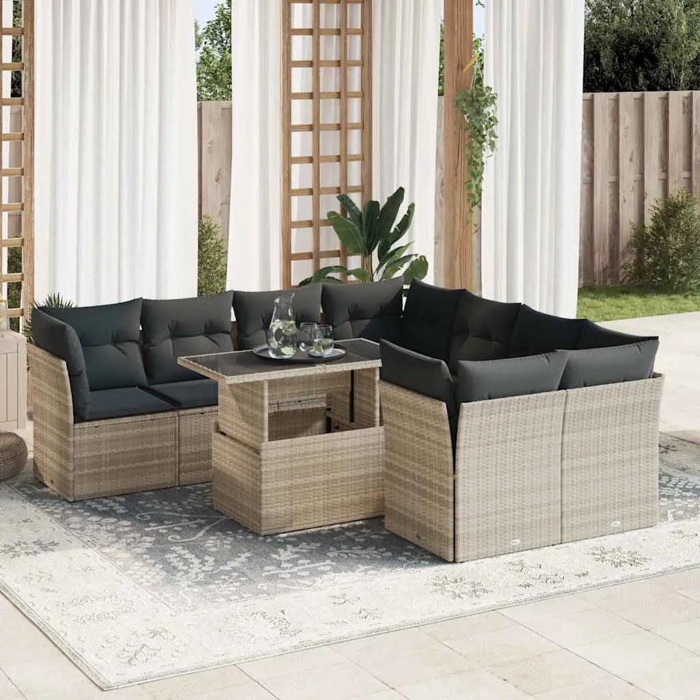 vidaXL Set canapele de grădină cu perne, 9 piese gri deschis poliratan