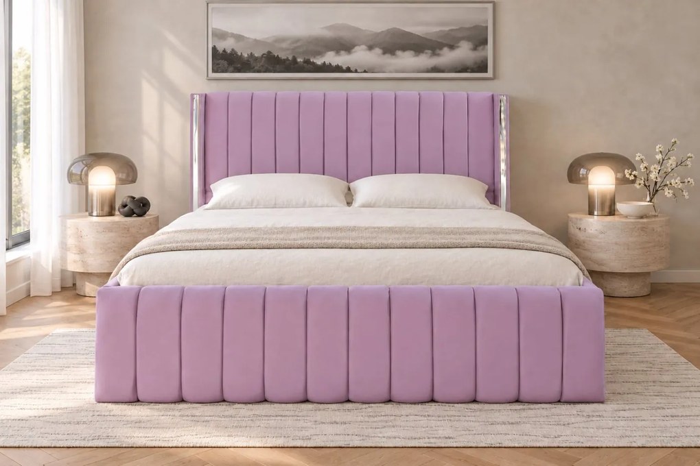 Pat tapițat din catifea Aurelia 200×200 cm, lila, detalii argintii, cu ladă de depozitare