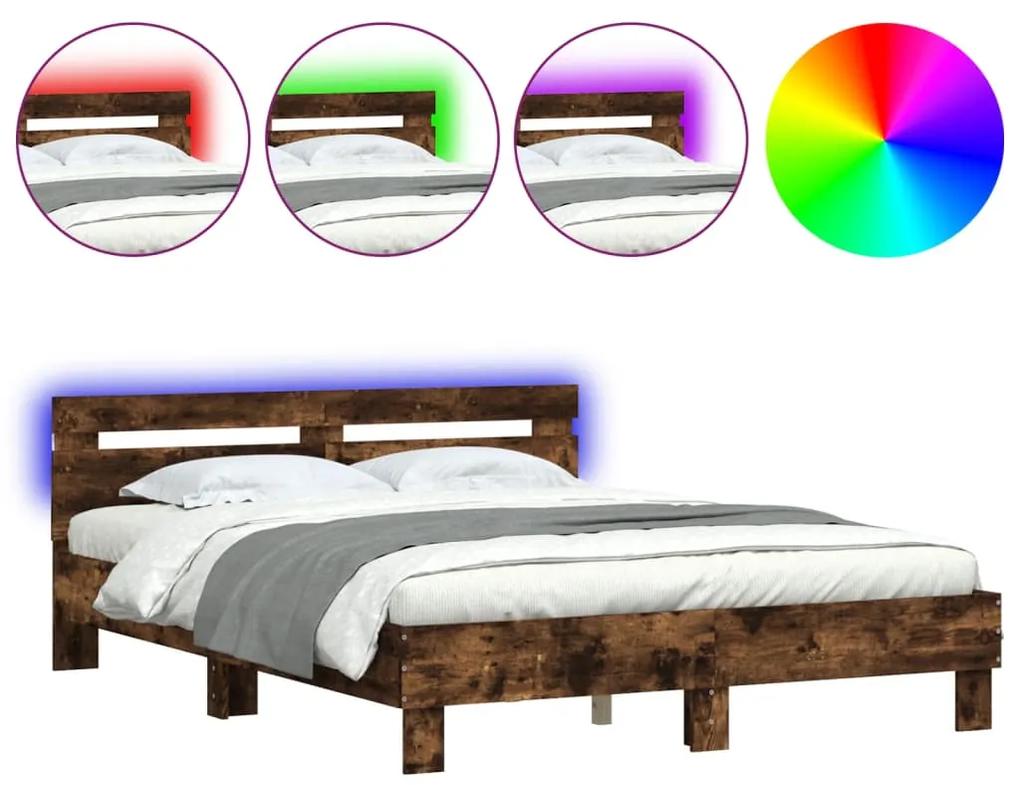 3207564 vidaXL Cadru de pat cu tăblie și LED, stejar fumuriu, 140x190 cm
