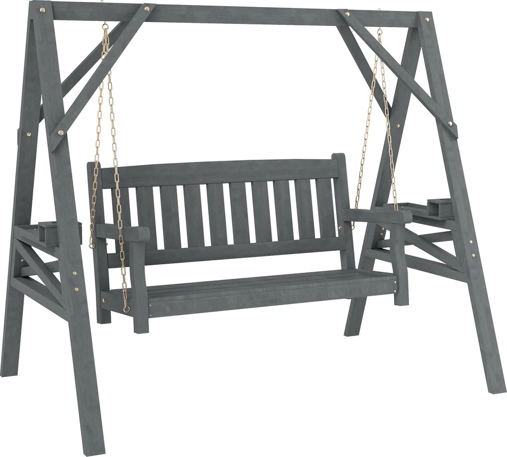 Outsunny Leagăn de grădină pentru 2 persoane, bancă-leagăn din lemn cu polițe, suport pentru băuturi și lanțuri metalice, Gri | Aosom Romania