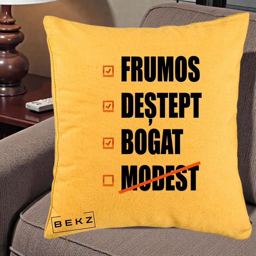 Perna Decorativa Frumos Destept Bogat, 40x40 cm, Galben, Husa Detasabila, Perna Inclusa, BEKZ®