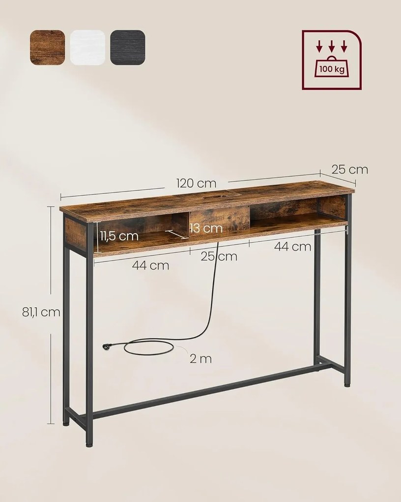 Consola cu cu priza si USB Slim, Vasagle, 120x25x81 cm, PAL/otel, maro