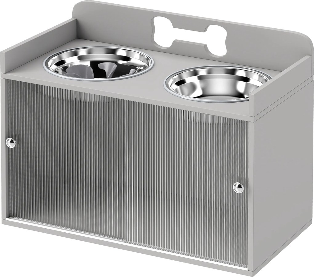 PawHut Stație de hrănire ridicată cu 2 boluri și dulap, MDF, oțel inoxidabil, model cu oase, Gri | Aosom Romania