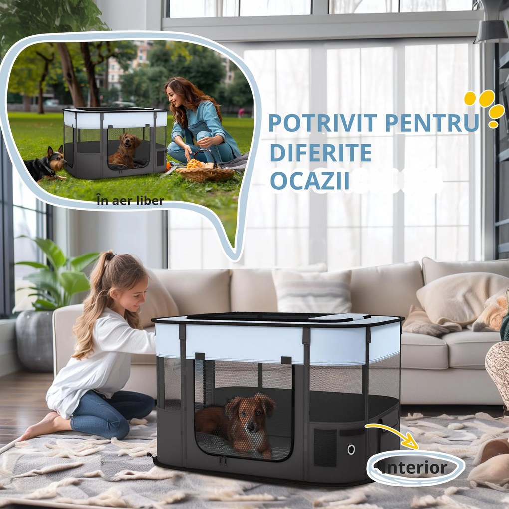 PawHut Țarc de Joacă pentru Animale de Companie, Gard pentru Câini cu 7 Ferestre, 3 Uși și 2 Pungi de Depozitare, 84x64x53 cm, Negru | Aosom Romania