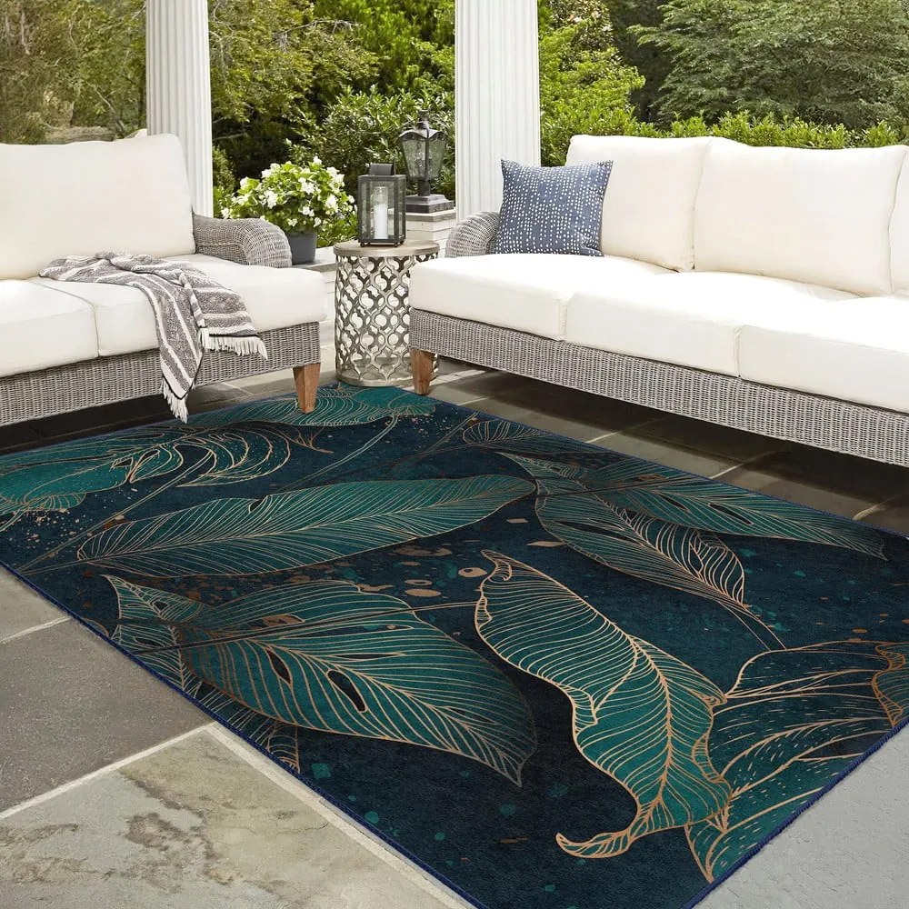 Covor tip traversă culoare petrol lavabil 80x200 cm Midnight Jungle – Mila Home