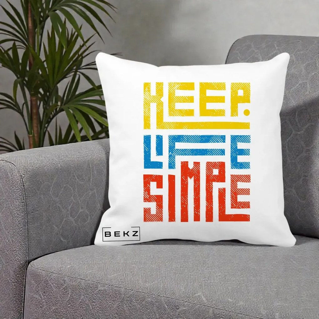 Perna Decorativa Keep Life Simple Colorat, 40x40 cm, Alba Mata, Husa Detasabila, Perna Inclusa, BEKZ®