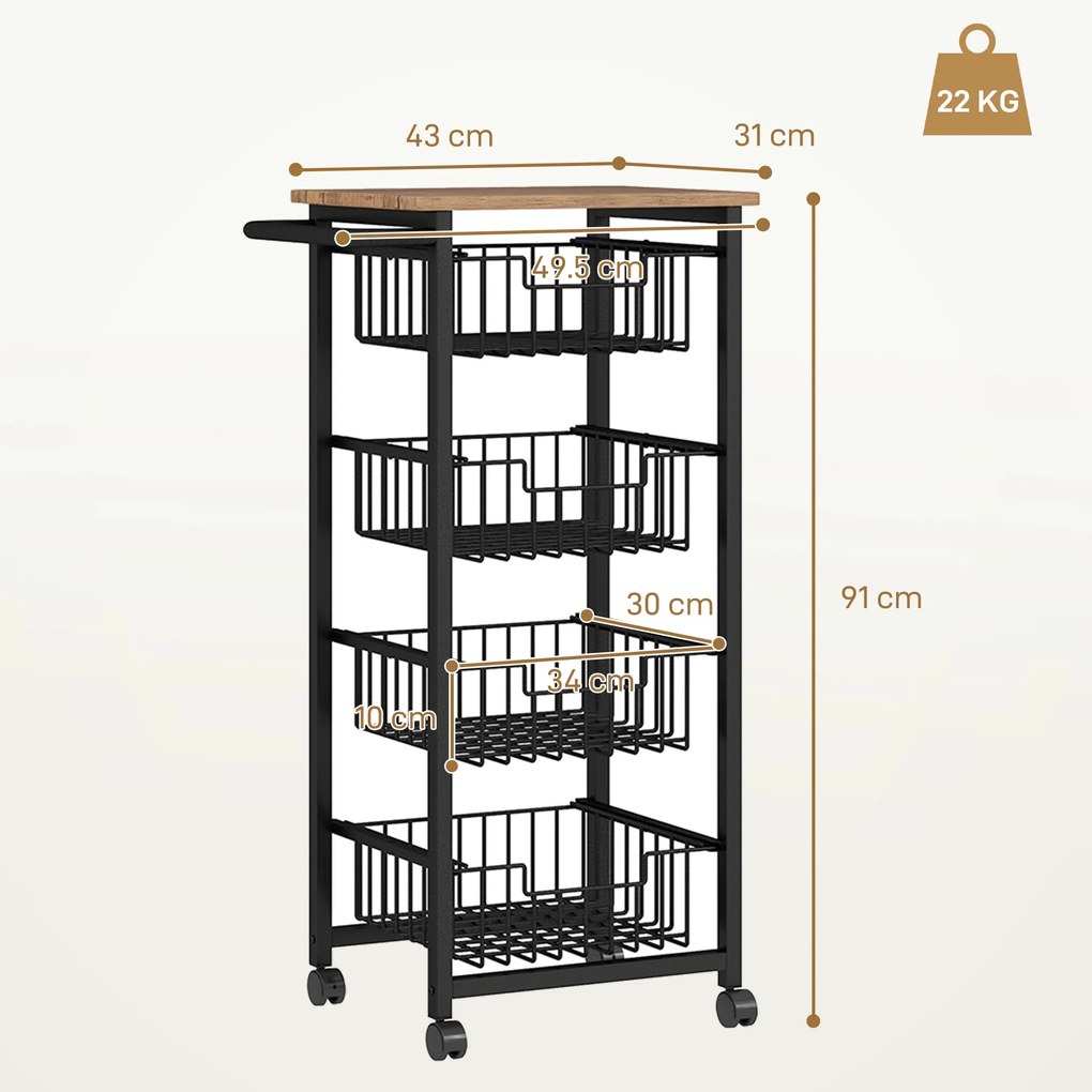 HOMCOM Cărucior de Bucătărie cu 4 Coșuri Detașabile, Roți și Frâne, Oțel și Lemn, 49.5x31x91 cm, Stejar | Aosom Romania