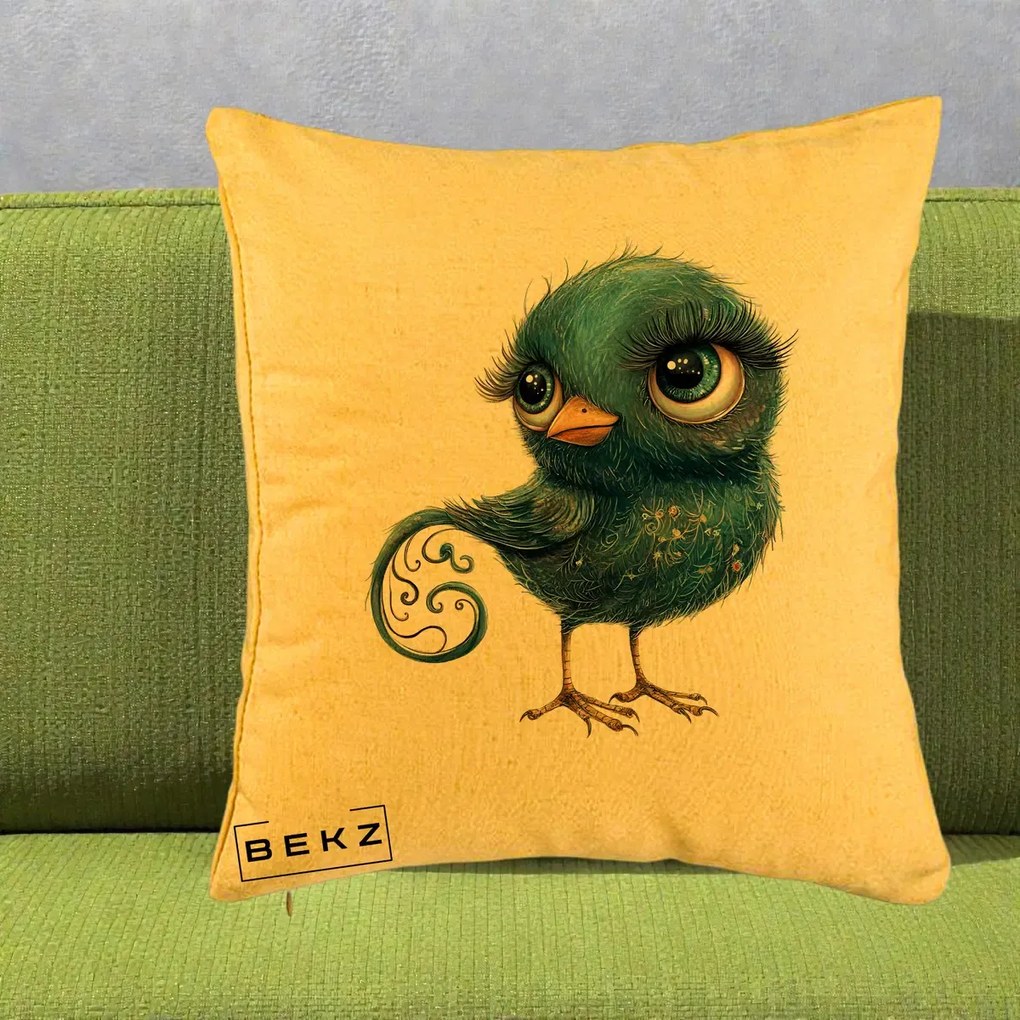 Perna Decorativa Pasare Teal cu Motive Aurii si Coada Spiralata, 40x40 cm, Galben, Husa Detasabila, Perna Inclusa, BEKZ®