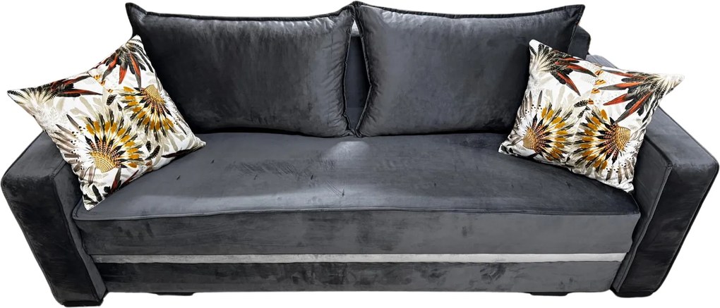 Canapea LARISA extensibila, 3 locuri, cu lada de depozitare, catifea gri inchis cu gri deschis , 220x95x85 Gri Inchis + Gri Deschis, Catifea