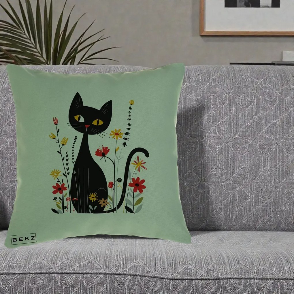 Perna Decorativa Pisica Neagra Ochi Galbeni Flori, 40x40 cm, Verde, Husa Detasabila, Perna Inclusa, BEKZ®