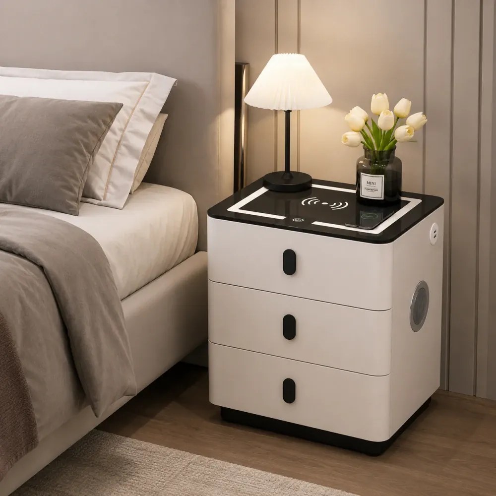 RESIGILAT- Noptieră inteligentă multifuncțională, 3 sertare, LED-uri tactile, 3 tipuri de culoare, încărcare fără fir, Difuzor Bluetooth, incarcare USB, sticla securizata, Alb