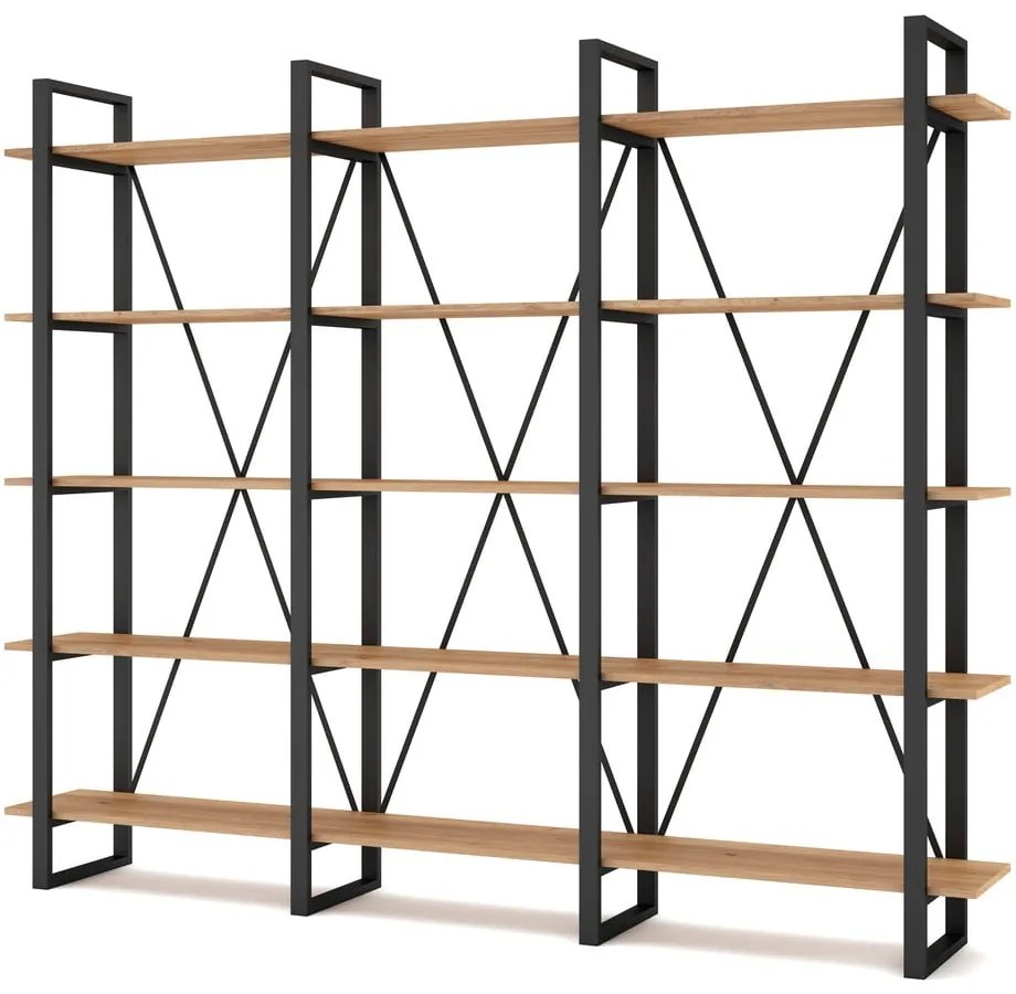 Bibliotecă negru/natural cu aspect de lemn de stejar 218x180 cm Aviva – Marckeric