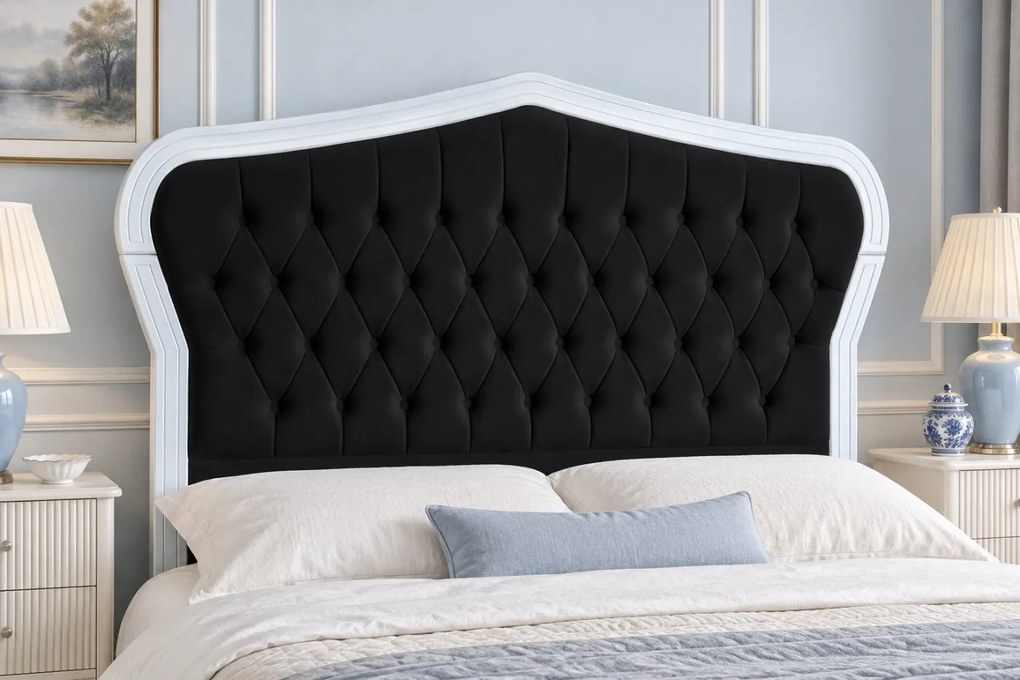 Pat tapițat din catifea Lorenza 140×200 cm, negru, cu ladă de depozitare