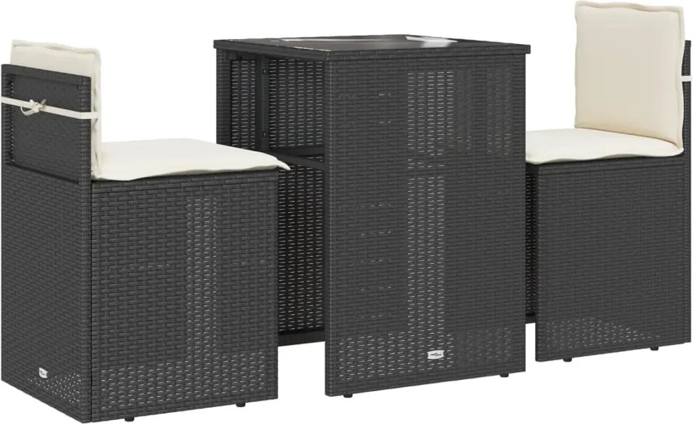 vidaXL Set bistro cu perne, 3 piese, negru, poliratan