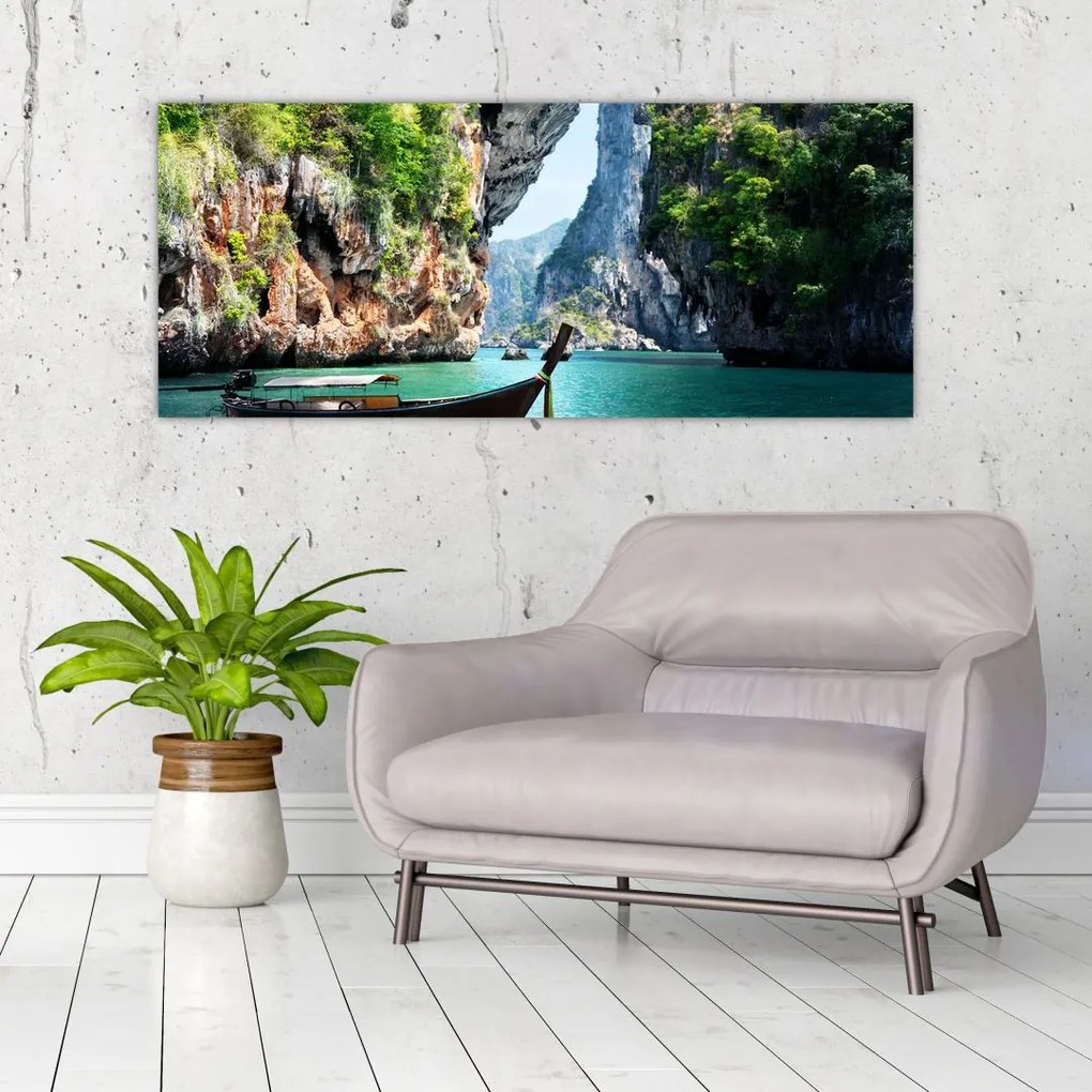 Tablou cu navă lungă pe plajă (120x50 cm)