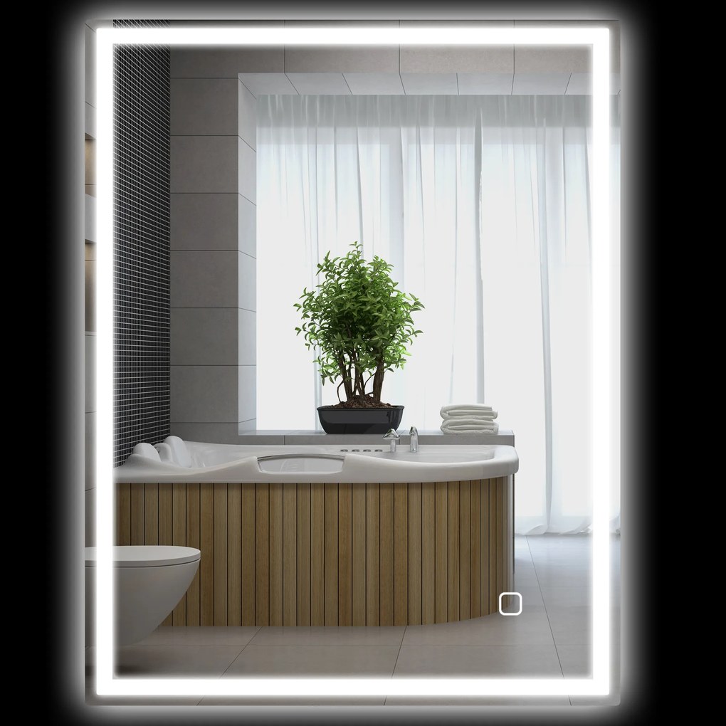 HOMCOM Oglinda de baie cu iluminare 90x70 cm LED Spiegel Wandspiegel cu functie de memorie 3 culori Argintiu | Aosom Romania