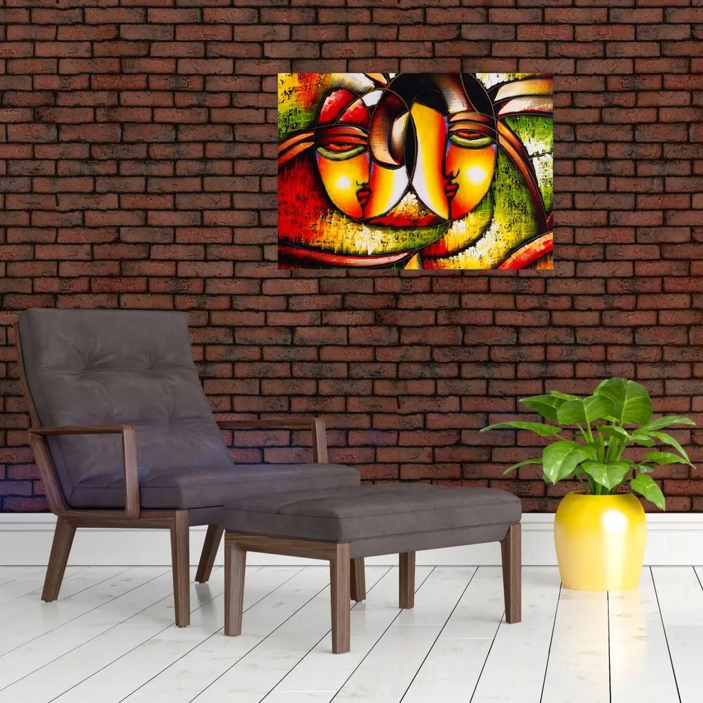 Tablou pe sticlă - Pictură în ulei, chipuri abstracte (70x50 cm)