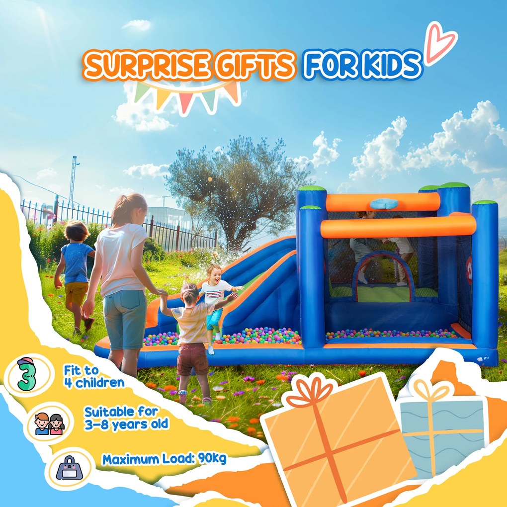 Outsunny 4 in 1 pentru copii Tobogan de apa Bounce House tobogan, trambulina, piscina, pentru copii de 3-8 ani