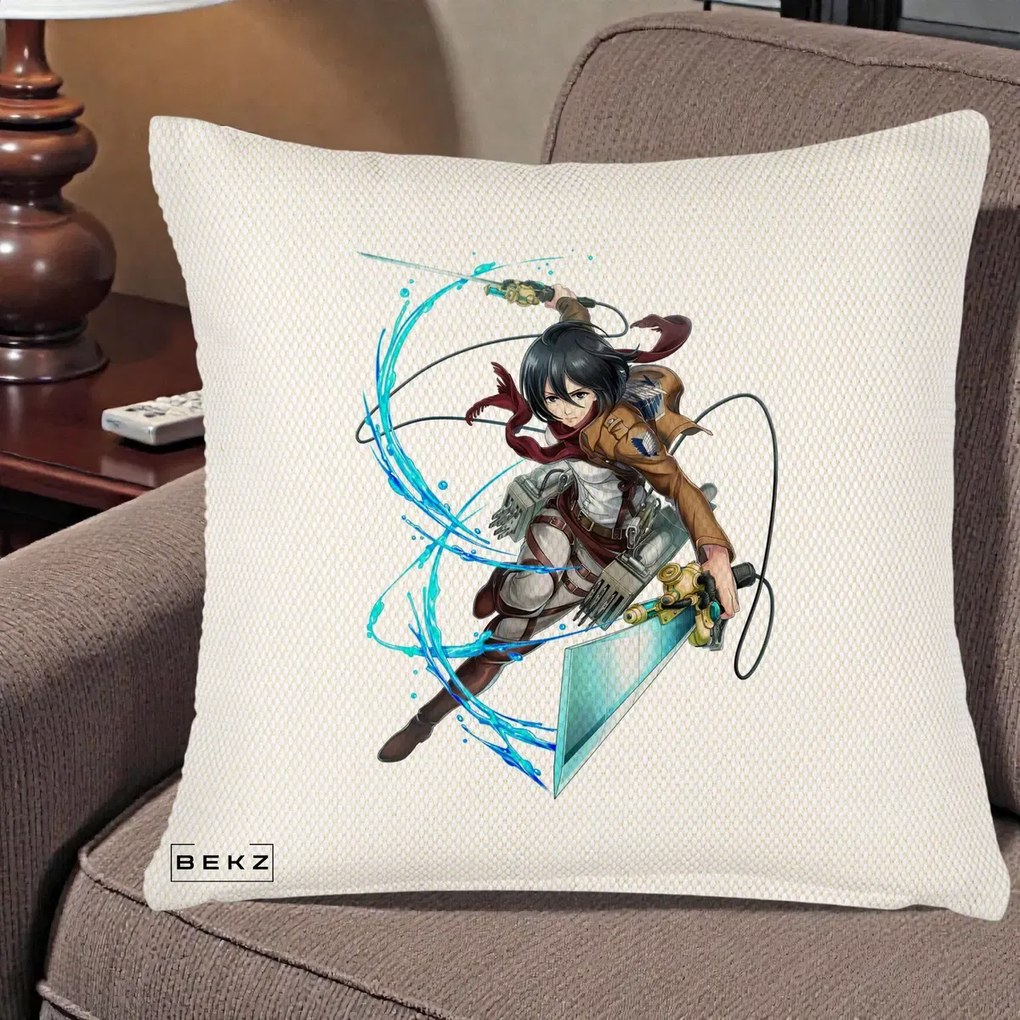 Perna Personalizata Attack on Titan Mikasa Ackerman Lupta, 40x40 cm, Crem Reliefat, Husa Detasabila, Perna Inclusa, BEKZ®