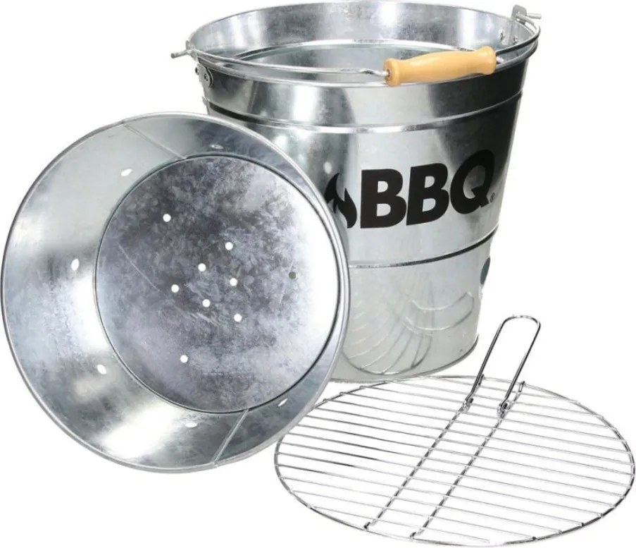 Găleată grătar BBQ din zinc Ø26 cm, portabilă, cu grătar și mâner, ideală pentru camping și picnic