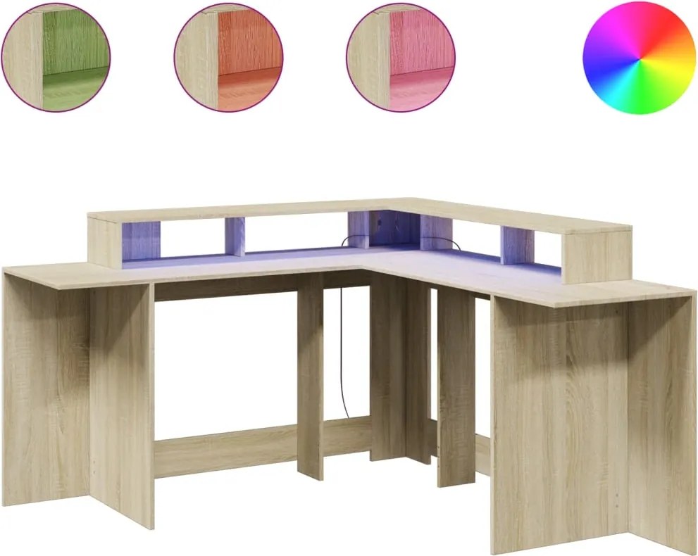 vidaXL Birou cu lumini LED stejar sonoma 152x152x91 cm, lemn prelucrat