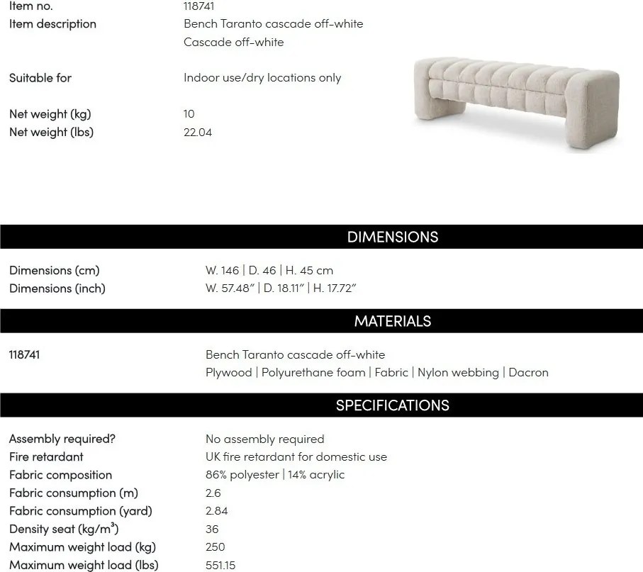 Bancheta design LUX Taranto, Cascade off-white