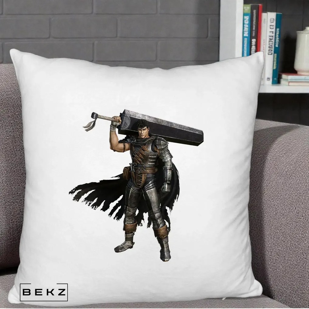 Perna Personalizata Berserk Guts Luptatorul Negru, 40x40 cm, Alb Pufos, Husa Detasabila, Perna Inclusa, BEKZ®