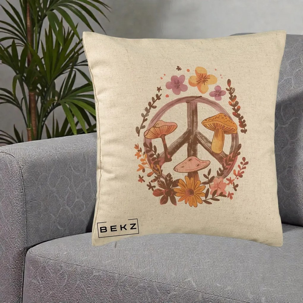 Perna Decorativa Peace Sign Ciuperci Floral, 40x40 cm, Bej, Husa Detasabila, Perna Inclusa, BEKZ®