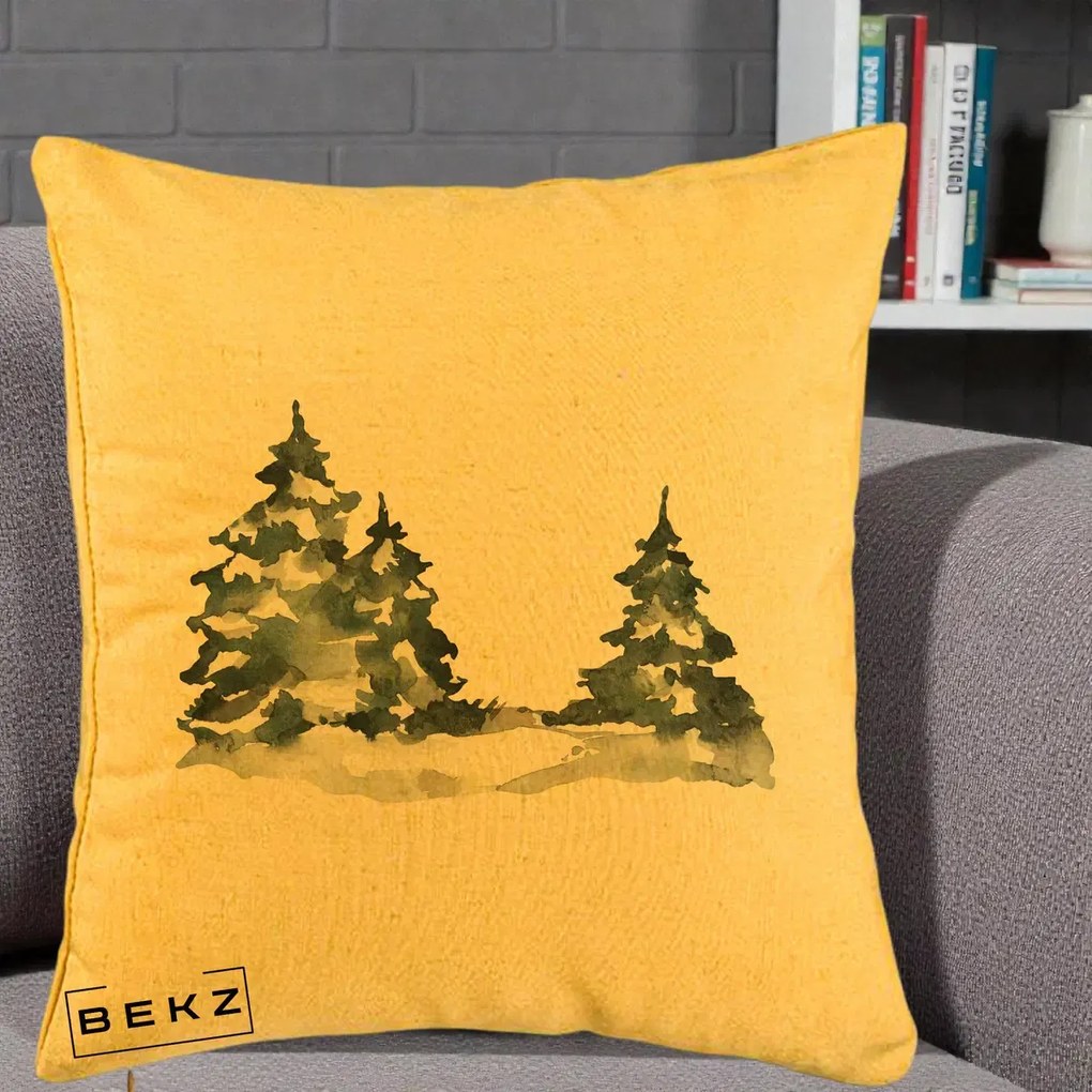 Perna Decorativa Brazi Inzapeziti Acuarela, 40x40 cm, Galben, Husa Detasabila, Perna Inclusa, BEKZ®