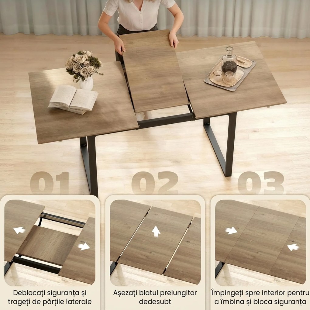 HOMCOM Masă de Luat Masa Extensibilă pentru 6-8 Persoane cu Panouri Detașabile, 140-180cm Masă Rectangulară Extensibilă cu Bază din Oțel, Stil Industrial, pentru Sufragerie, Culoare Lemn | Aosom Romania