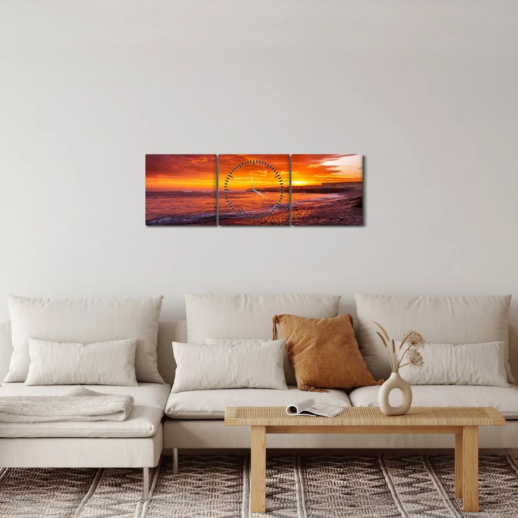 Tablou cu apus de soare la mare (cu ceas) (90x30 cm)