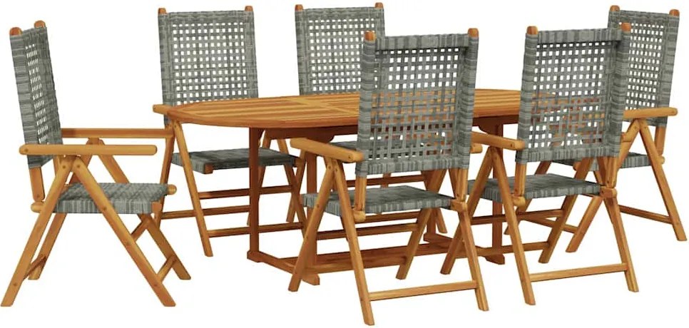 vidaXL Set masă pentru grădină, 7 piese, gri, poliratan/lemn masiv