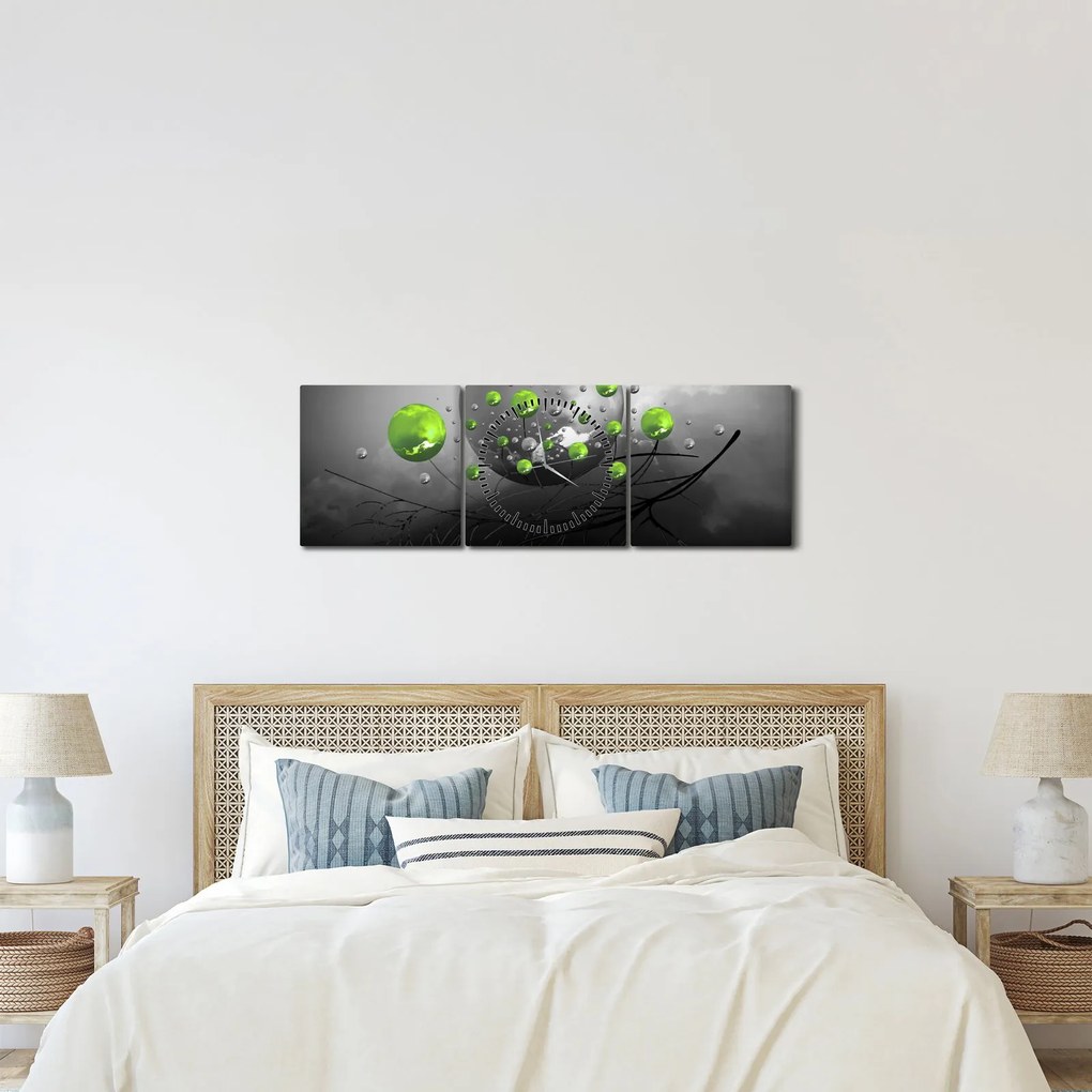 Tabloul cu bile abstracte verzi (cu ceas) (90x30 cm)