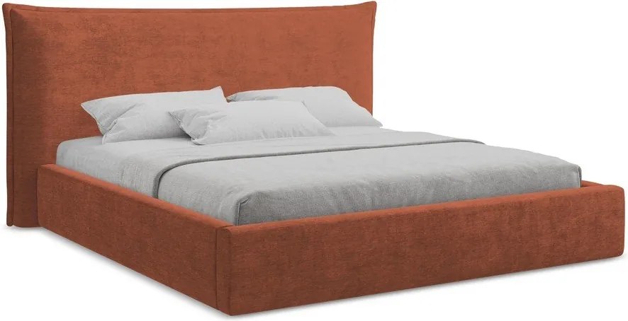 Pat matrimonial teracotă tapițat cu spațiu de depozitare cu somieră 180x200 cm Esala – Makamii