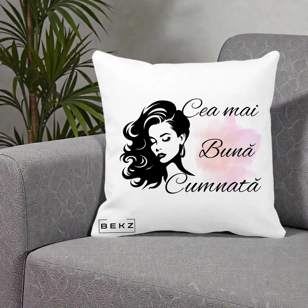 Cadou pentru Cumnata - Perna Personalizata Cea mai Buna Cumnata cu Silueta Dama si Pete Roz, 40x40 cm, Alba Mata, Husa Detasabila, Perna Inclusa, BEKZ®