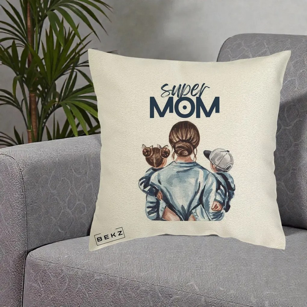 Cadou pentru Mama - Perna Personalizata Super Mom, 40x40 cm, Ecru, Husa Detasabila, Perna Inclusa, BEKZ®