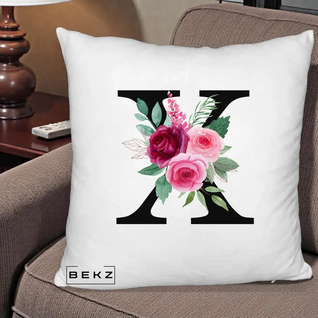 Cadou Personalizat - Perna Personalizata Monograma Florala Litera X cu Buchet, 40x40 cm, Alb Pufos, Husa Detasabila, Perna Inclusa, BEKZ®