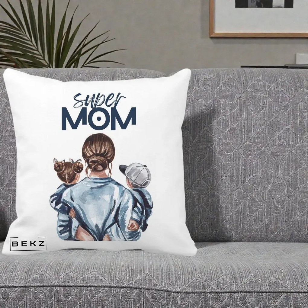 Cadou pentru Mama - Perna Personalizata Super Mom, 40x40 cm, Alba Mata, Husa Detasabila, Perna Inclusa, BEKZ®