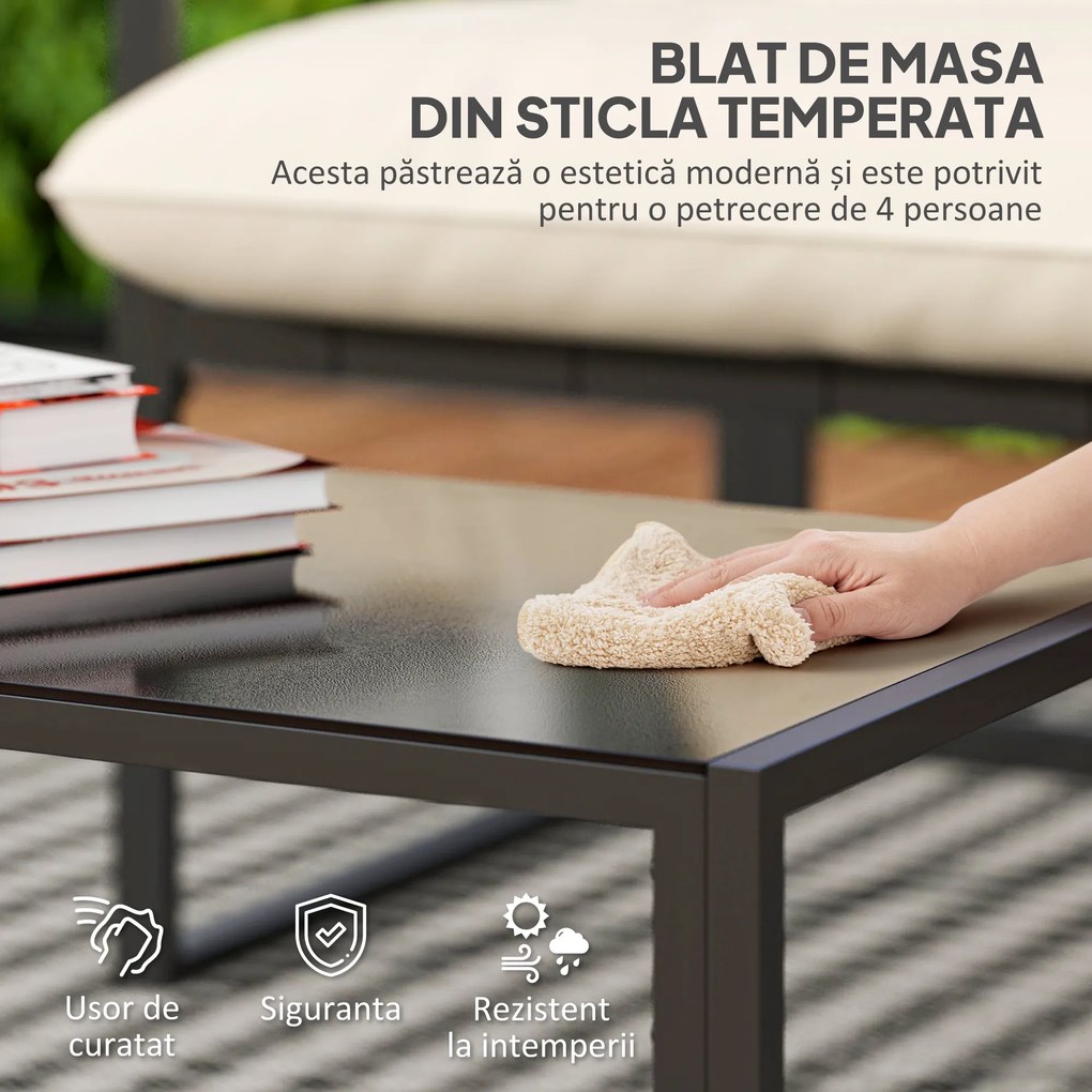 Outsunny Set Mobilier de Exterior cu Masă din Sticlă, Canapea, 2 Fotolii și Perne, Bej | Aosom Romania