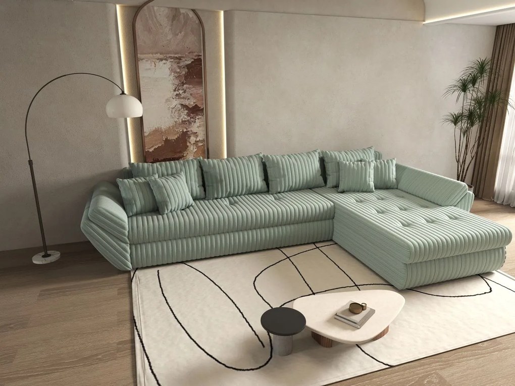 Colțar extensibil dumonde cu ladă de depozitare si sezut confortabil din spuma high-density, Loana XL Ambience Mint II 335x185 cm