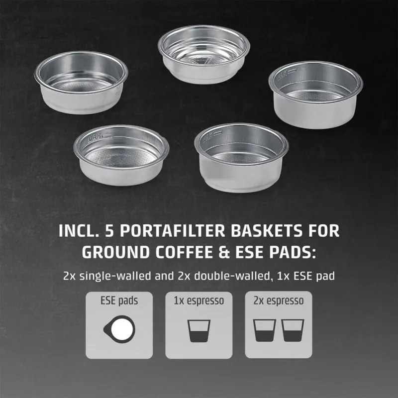 Espressor manual Caso Gourmet Latte, 1350 W, 20 bari, 1,3 l, ULKA, 6 programe, Cafea macinata si paduri ESE, Portafiltru, Spumare lapte cu rezervor incorporat, Otel inoxidabil