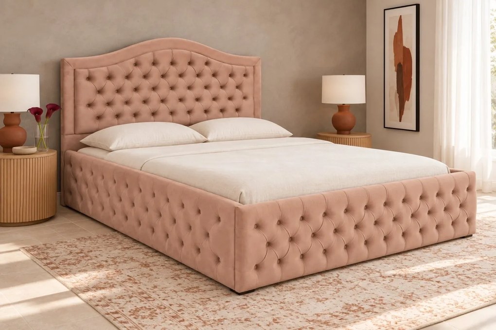 Pat tapițat Chesterfield din catifea Solaria Deluxe 200×200 cm, cappuccino, cu ladă de depozitare