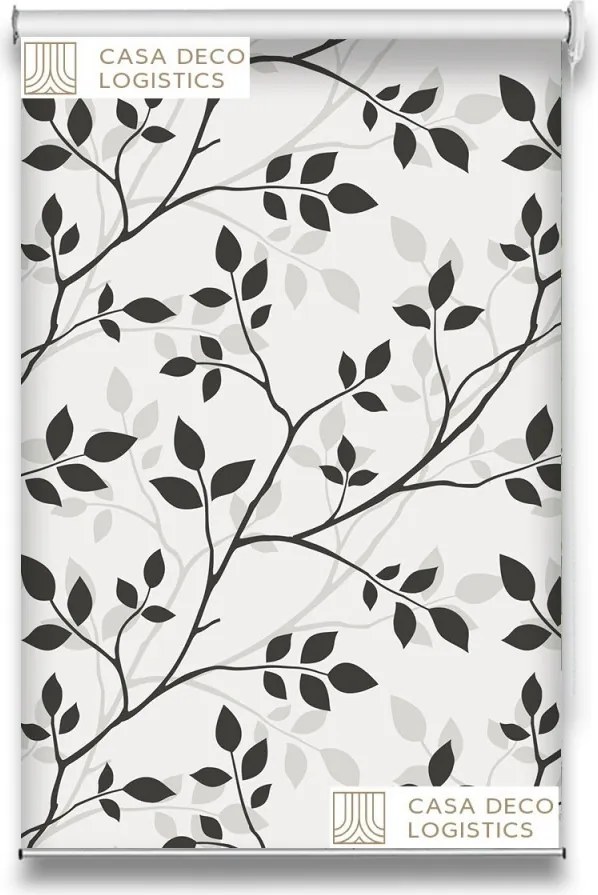 Roletă textilă Floral 8011 albă cu model ramuri și frunze gri-negru